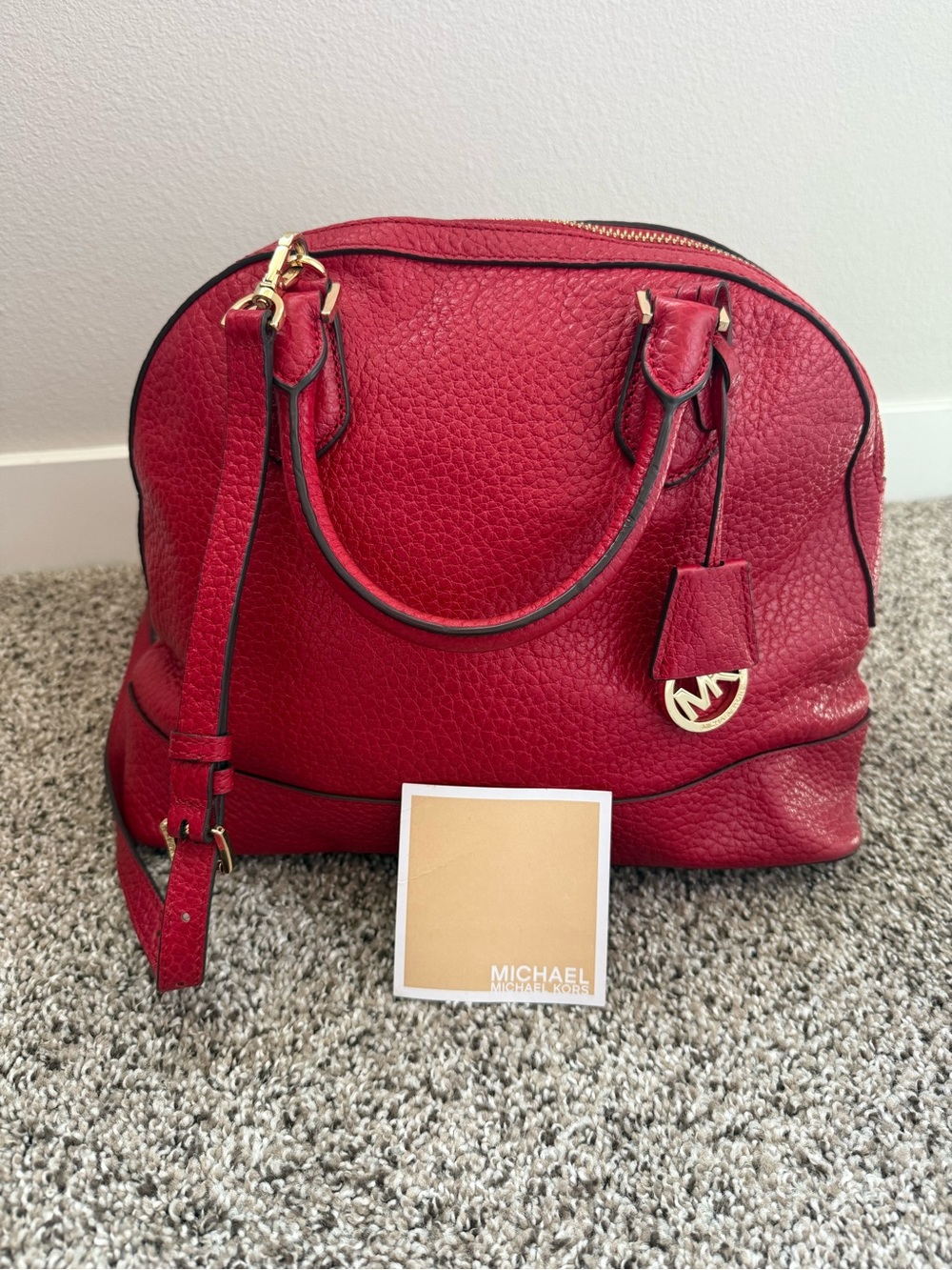 Michael Kors Red Pebbled Dome Satchel with Gold Logo Charm